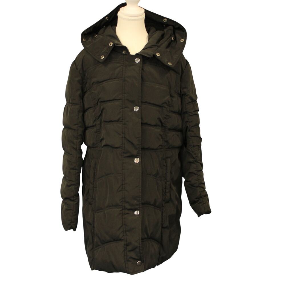 Coldwater Creek Women Coat Jacket Black Puffy Zip Hood Zip Pockets Warm Sz 14 LG